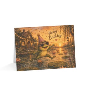 Whimsical Frog Birthday Card, Cottagecore Watercolor Pondside Party Illustration