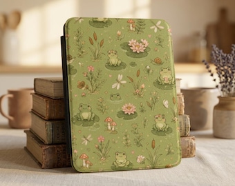 カエル柄のコテージコア風Kindleケース、グリーンの花柄PUレザーKindleカバー、Kindle Paperwhiteケース
