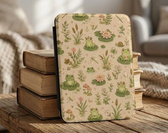 コテージコア風レザーKindleカバー、カエル柄Kindle Paperwhiteケース、Kindle Paperwhiteカバー