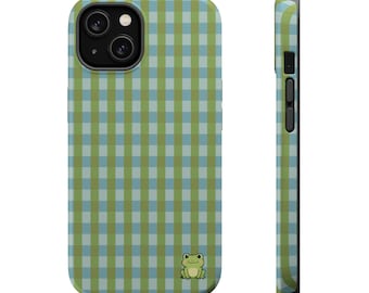 MagSafe対応ギンガムチェック柄カエル柄スマホケース、二重構造でしっかり保護