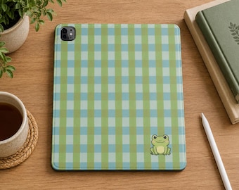 かわいいiPadケース、カエルギンガムチェックのiPadケース、保護iPadケース、スタンド付きiPadケース