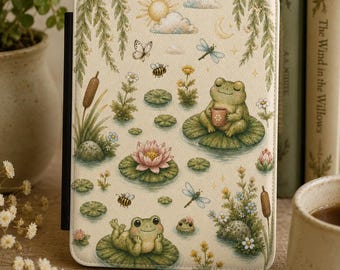 カエルの池の水彩画風Kindleケース、ペーパーホワイトKindleケース、コテージコア風Kindleカバー、Kindleペーパーホワイトカバー