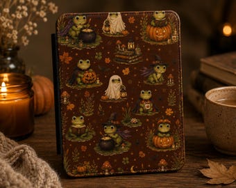 秋のPNG画像、気まぐれなハロウィンのカエルのKindleケース、Kindle Paperwhiteケース、Kindle Paperwhiteカバー