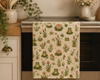Frogs Lily Pads Waffle Weave Kitchen Towel, Cottagecore Home Decor, Frog Lover