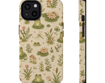 カエルと睡蓮のスマホケース、コテージコア風スマホケース、プロテキスタイルスマホケース
