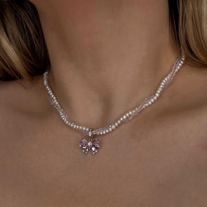Pearl Choker: Pink Crystal Bow Pendant, Glass Beaded Fairycore Necklace