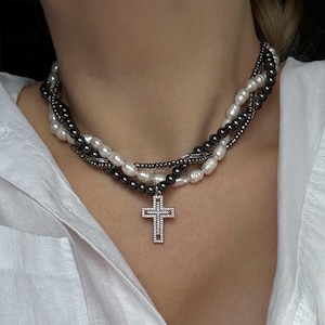Edgy Gothic Choker with Pearls & Hematite - Unique Statement Necklace for Her