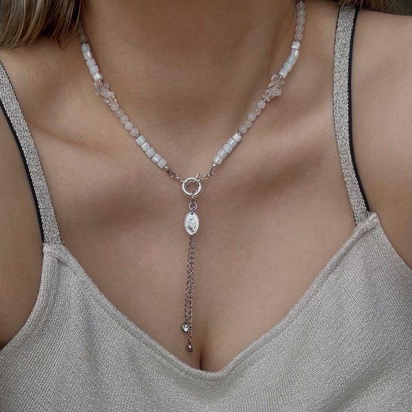 Collier fait main avec pierre de lune et quartz : pendentif amovible, bijoux éthérés