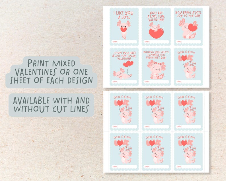 Puede incluir: Tarjetas de San Valent&iacute;n imprimibles con lindas ilustraciones de ajolote con diferentes mensajes, como "Me gustas mucho" y "Hay mucho amor en el aire".