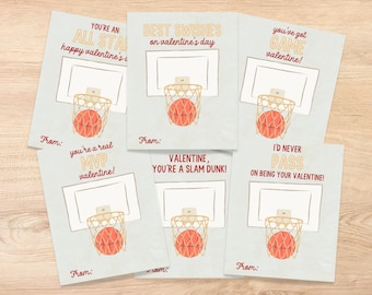 Printable Basketball Valentine Cards for Kids, Sports Valentine for Classroom Exchange, Slam Dunk, MVP, Best Swishes, Non Candy Valentine