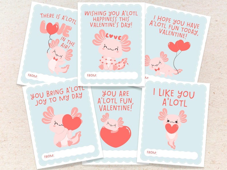 Puede incluir: Seis tarjetas de San Valent&iacute;n con ilustraciones de tiernos axolotl rosas y diferentes mensajes. Los mensajes incluyen "&iexcl;Hay mucho amor en el aire!" "&iexcl;Te deseo mucha felicidad en este D&iacute;a de San Valent&iacute;n!" "&iexcl;Espero que te diviertas mucho hoy, mi Valent&iacute;n!" "Me traes mucha alegr&iacute;a a mi d&iacute;a" "&iexcl;Eres un Valent&iacute;n muy divertido!" y "Me gustas mucho".
