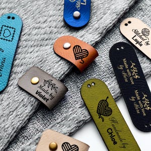 Custom knitting tags, Personalised Faux Leather Labels for Knitted Garments, Leather Tags With Rivets For Knits And Crochet- Size 2.75x0.79&quot;