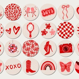 May include: Set of 18 red and white illustrated social media story highlight covers. The covers feature various designs including hearts, flowers, a camera, a disco ball, a cowboy boot, a rainbow, a butterfly, and more.