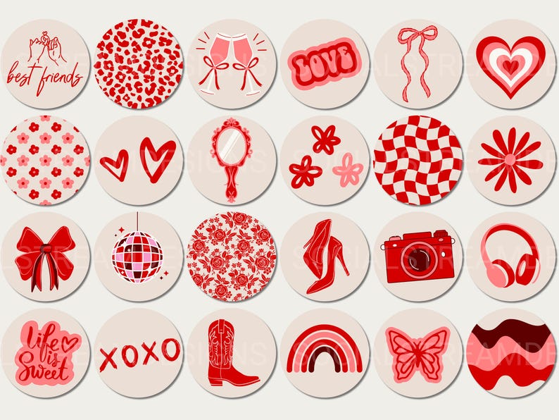 May include: Set of 18 red and white illustrated social media story highlight covers. The covers feature various designs including hearts, flowers, a camera, a disco ball, a cowboy boot, a rainbow, a butterfly, and more.