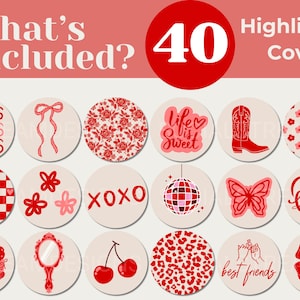 May include: Set of 40 red and pink highlight covers with various designs, including hearts, flowers, bows, cherries, butterflies, and text like "Girls Girls Girls", "XOXO", "Life is Sweet", "Best Friends", and "Family".