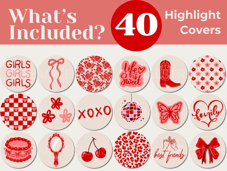 May include: Set of 40 red and pink highlight covers with various designs, including hearts, flowers, bows, cherries, butterflies, and text like "Girls Girls Girls", "XOXO", "Life is Sweet", "Best Friends", and "Family".