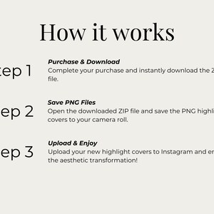 May include: A step-by-step guide on how to purchase, download, and use Instagram highlight covers. The steps are: 1. Purchase & Download, 2. Save PNG Files, 3. Upload & Enjoy.