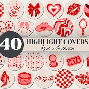 May include: 40 red and white highlight covers with various designs, including hearts, lips, bows, checkered patterns, and text like "family", "girls", "love", and "good vibes".
