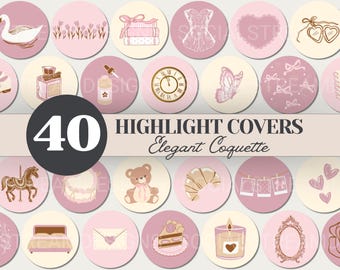 40 Coquette Aesthetic Social Media Highlight Covers | Feminine and Romantic PNG Story Icons | Soft Pink Elegant Lace, Floral, and Bows
