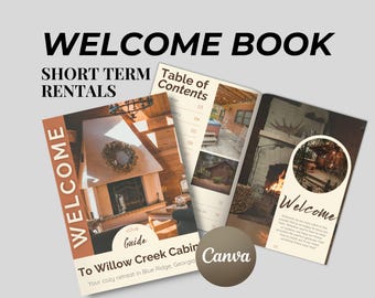 Modello di libro di benvenuto Airbnb / Manuale per host di case / Modello Canva per immobili / Modello di affitto a breve termine per vacanze in baita rustica