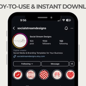 May include: A screenshot of a social media profile for "socialstreamdesigns" on a mobile device. The profile has 123 posts, 1130 followers, and 158 following. The profile description reads "Digital creator Social Media & Branding Templates for Your Business socialstreamdesigns.etsy.com". The profile picture is a logo with the text "SOCIAL STREAM DESIGNS". Below the profile information are five highlighted icons with different designs. The icons are red, white, and pink.