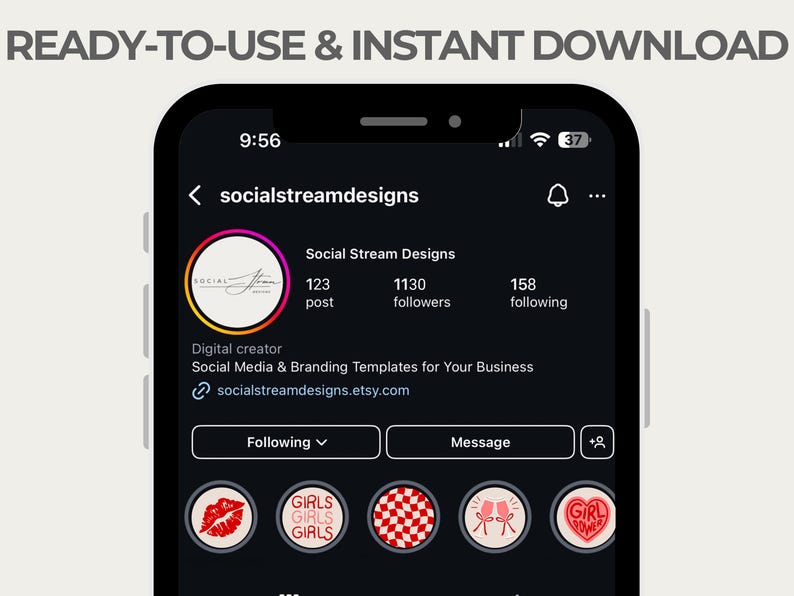 May include: A screenshot of a social media profile for "socialstreamdesigns" on a mobile device. The profile has 123 posts, 1130 followers, and 158 following. The profile description reads "Digital creator Social Media & Branding Templates for Your Business socialstreamdesigns.etsy.com". The profile picture is a logo with the text "SOCIAL STREAM DESIGNS". Below the profile information are five highlighted icons with different designs. The icons are red, white, and pink.