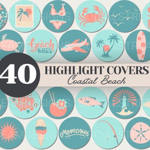 May include: Set of 40 coastal beach themed highlight covers. The covers feature various illustrations including palm trees, seashells, starfish, a surfboard, a crab, a fish, a lighthouse, an ice cream cone, a sun, and text that says "Beach Vibes" and "Let the Sea Set You Free".