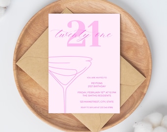 Modern 21st Birthday Invite | Pink Cocktail Theme | Editable Canva Template | Digital Party Invitation