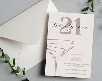 Minimalist 21st Birthday Invitation Template | Editable Digital Invite | Modern Cocktail Party | Canva Template | Instant Download