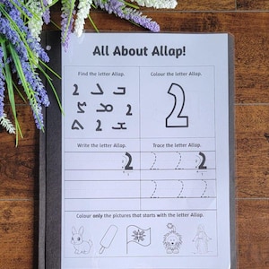 May include: A worksheet titled "All About Allap!" inside a clear plastic sleeve. The worksheet features exercises to find, write, and trace the letter "Allap". Illustrations of a bunny, popsicle, flag, lion, and a figure are also included.