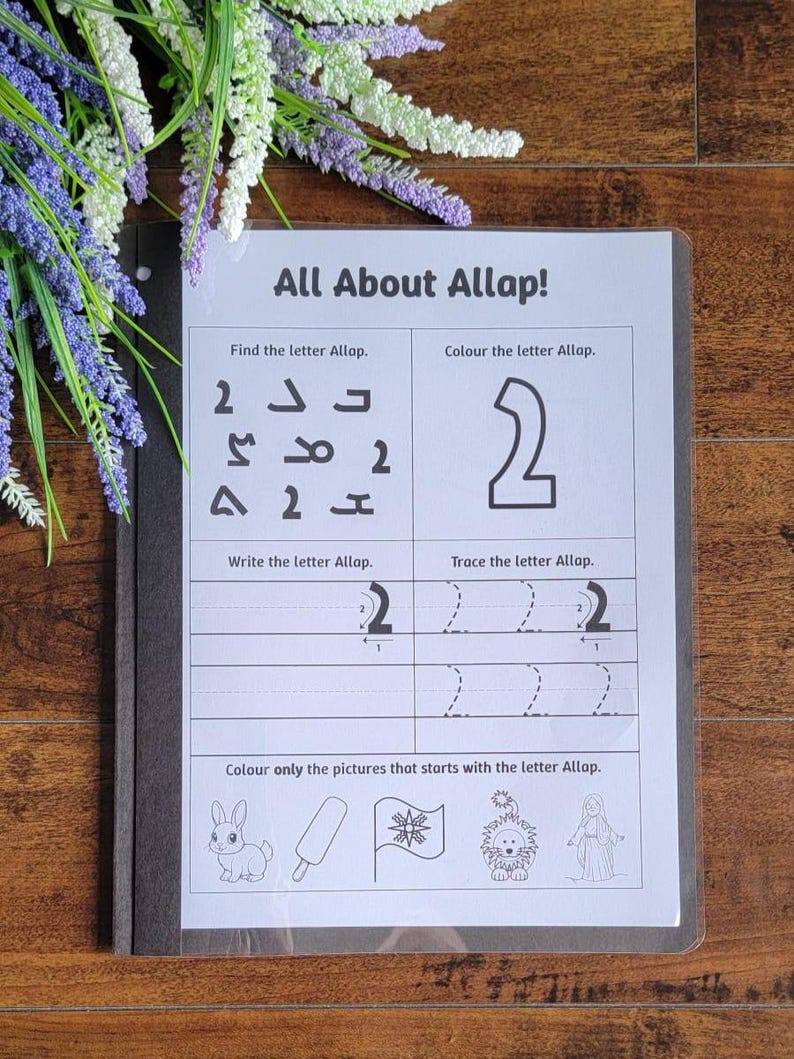 May include: A worksheet titled "All About Allap!" inside a clear plastic sleeve. The worksheet features exercises to find, write, and trace the letter "Allap". Illustrations of a bunny, popsicle, flag, lion, and a figure are also included.