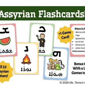 Op de afbeelding: Assyrische flashcards met kleurrijke illustraties van een watermeloen, een persoon, een kampvuur en dieren. De kaarten bevatten tekst in het Assyrisch en Engels, met de titel "Assyrian Flashcards!". De kaarten zijn ontworpen voor educatieve spellen.