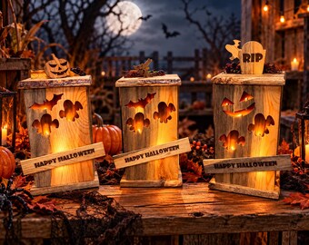 May include: Three rectangular wooden lanterns with light-up cutouts of ghosts, bats, and a jack-o'-lantern face. Each lantern features a horizontal wooden plaque with the text HAPPY HALLOWEEN and a decorative topper including a pumpkin or RIP sign.