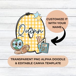 Alphabet PNG pour la rentrée scolaire + modèle de nom modifiable | Griffonnages Alpha Vichy jaune | Lettres de sublimation pour chemises et travaux manuels