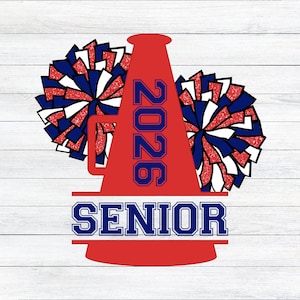 Senior 2026 Jubeln Megaphon PNG | Rot, Marineblau & Weiß Glitzer Pom-Poms digitaler Download | Cheer Senior Spirit Shirt Sublimationsentwurf