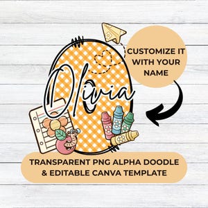 Alphabet PNG pour la rentrée scolaire + modèle de nom modifiable | Griffonnages alpha dorés Vichy | Lettres de sublimation pour chemises et travaux manuels