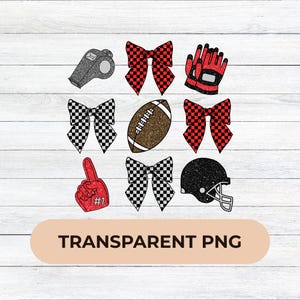 Dia de Jogo de Futebol Glitter PNG | Design de Laço Esportivo Coquette Vermelho e Preto | Um PNG Transparente para Sublimação e Artesanato