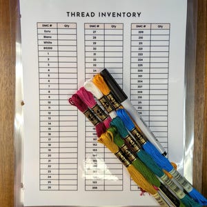 May include: A clear plastic sheet with a printed "THREAD INVENTORY" chart. Bundles of colorful embroidery floss in various shades of pink, yellow, green, and blue are arranged next to the chart, along with a black marker.
