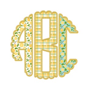 Pacchetto PNG con alfabeto monogramma limone - 3 stili agrumi e vichy con bordo ricamato finto (234 file)