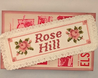 Rose Hill Cross Stitch Bookmark Kit – Romance Book Floral Design, Lace Trim Bookmark Stitching Kit