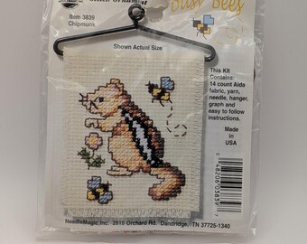 Busy Bees Counted Cross Stitch Ornament Kit - Chipmunk 3839 - Complete Kit - Vintage - NMI - Needle Magic Inc