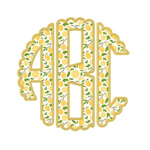 Set di alfabeto monogramma limone PNG con cuciture finte - Lettere a cerchio smerlato dalla A alla Z - Clipart stampabile di agrumi