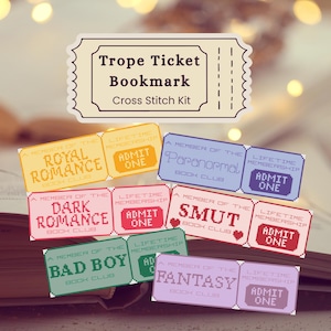 Bookish Ticket Cross Stitch Bookmark Kit | Printed Pattern + Aida Bookmark + DMC Floss + Needle | DIY Stitching Bundle | Genre Collection
