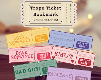 Bookish Ticket Cross Stitch Bookmark Kit | Printed Pattern + Aida Bookmark + DMC Floss + Needle | DIY Stitching Bundle | Genre Collection