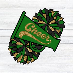 Green Black Gold Glitter Cheer Megaphone & Pom-Poms PNG | Cheer Team Digital Download | Spirit Shirt Sublimation | Pep Rally Design