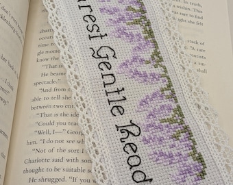 Dearest Gentle Reader Cross Stitch Bookmark Kit – Regency Romance Floral Design, Lace Trim Bookmark, Literary Stitching Kit