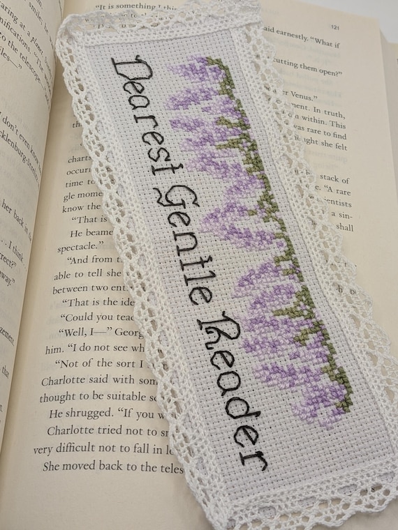 Dearest Gentle Reader Cross Stitch Bookmark Kit – Regency Romance Floral Design, Lace Trim Bookmark, Literary Stitching Kit