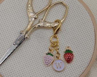 Strawberry and White Initial Charm Scissor Fob | Soft Girl Stitching Gift