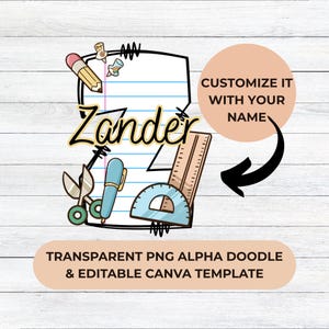 Alphabet PNG pour la rentrée scolaire + modèle de nom modifiable | Griffonnages Alpha en papier pour ordinateur portable | Lettres de sublimation pour chemises et travaux manuels