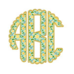 Set di PNG con alfabeto monogramma limone su sfondo blu con cuciture finte – Lettere a cerchio smerlato dalla A alla Z – Clipart stampabile di agrumi